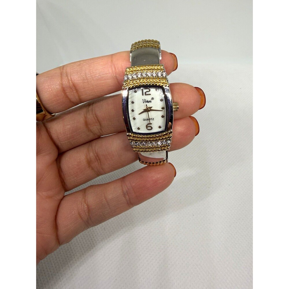 Vivani Quartz Bangle Watch Silver & Gold Tone Rhinestone Accent Women’s Watch